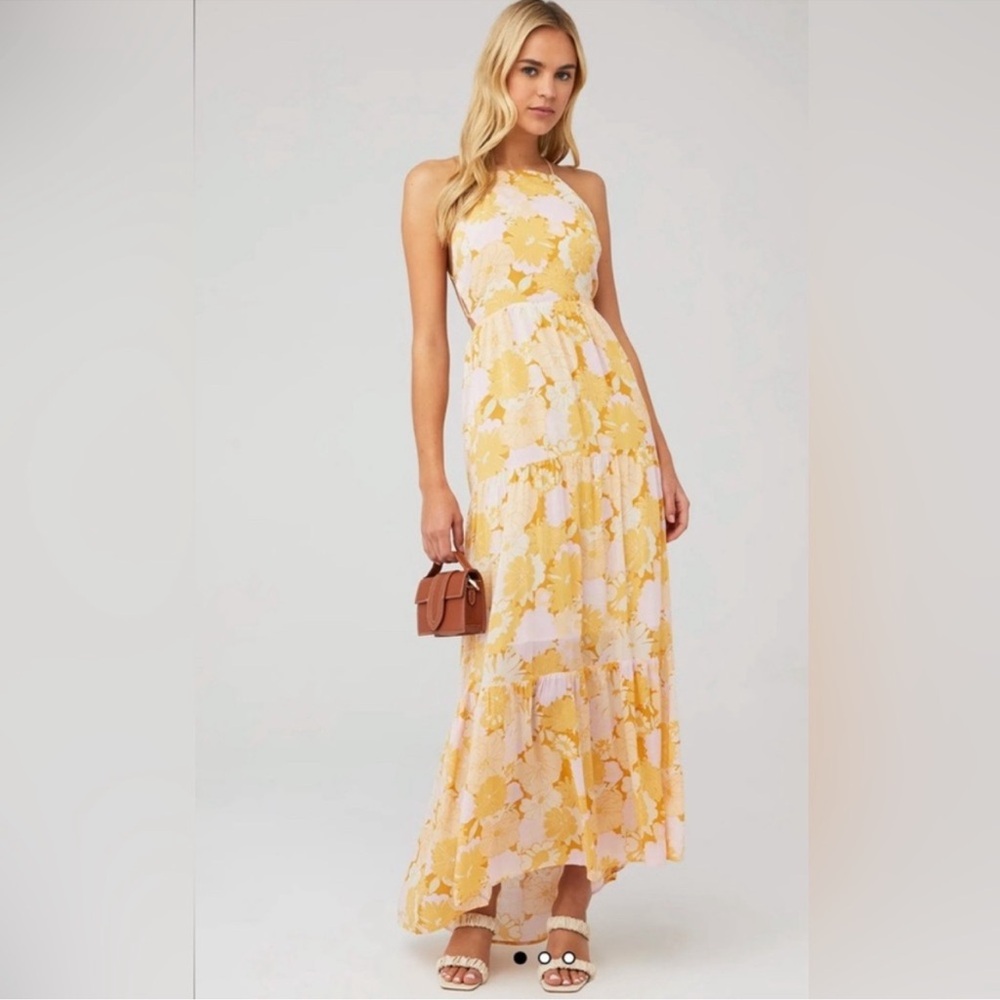 MINKPINK Yellow and White Ruffled Tiered Maxi Sundress